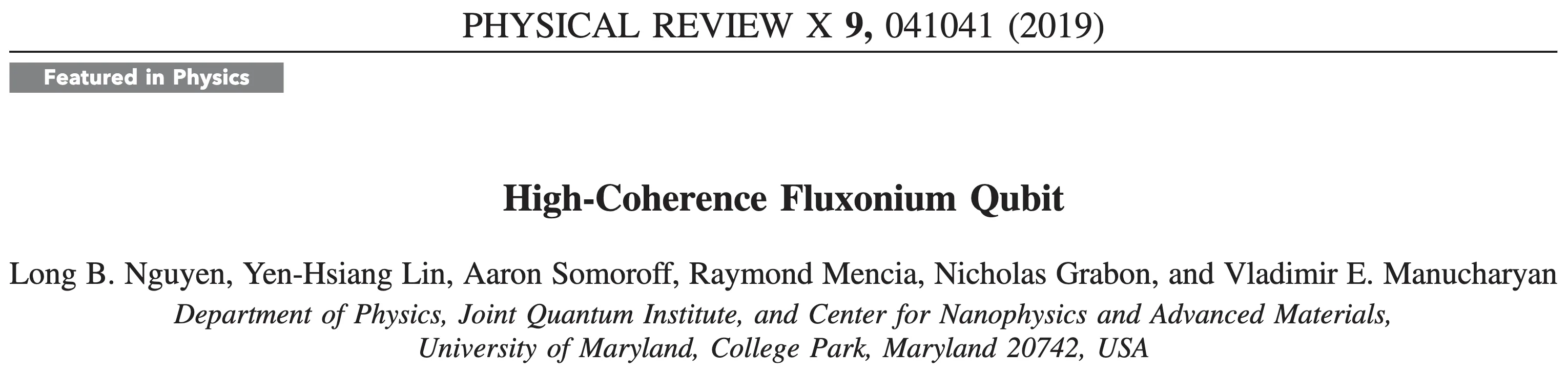 Title and authors of the 2019 Physical Review X paper High-Coherence Fluxonium Qubit