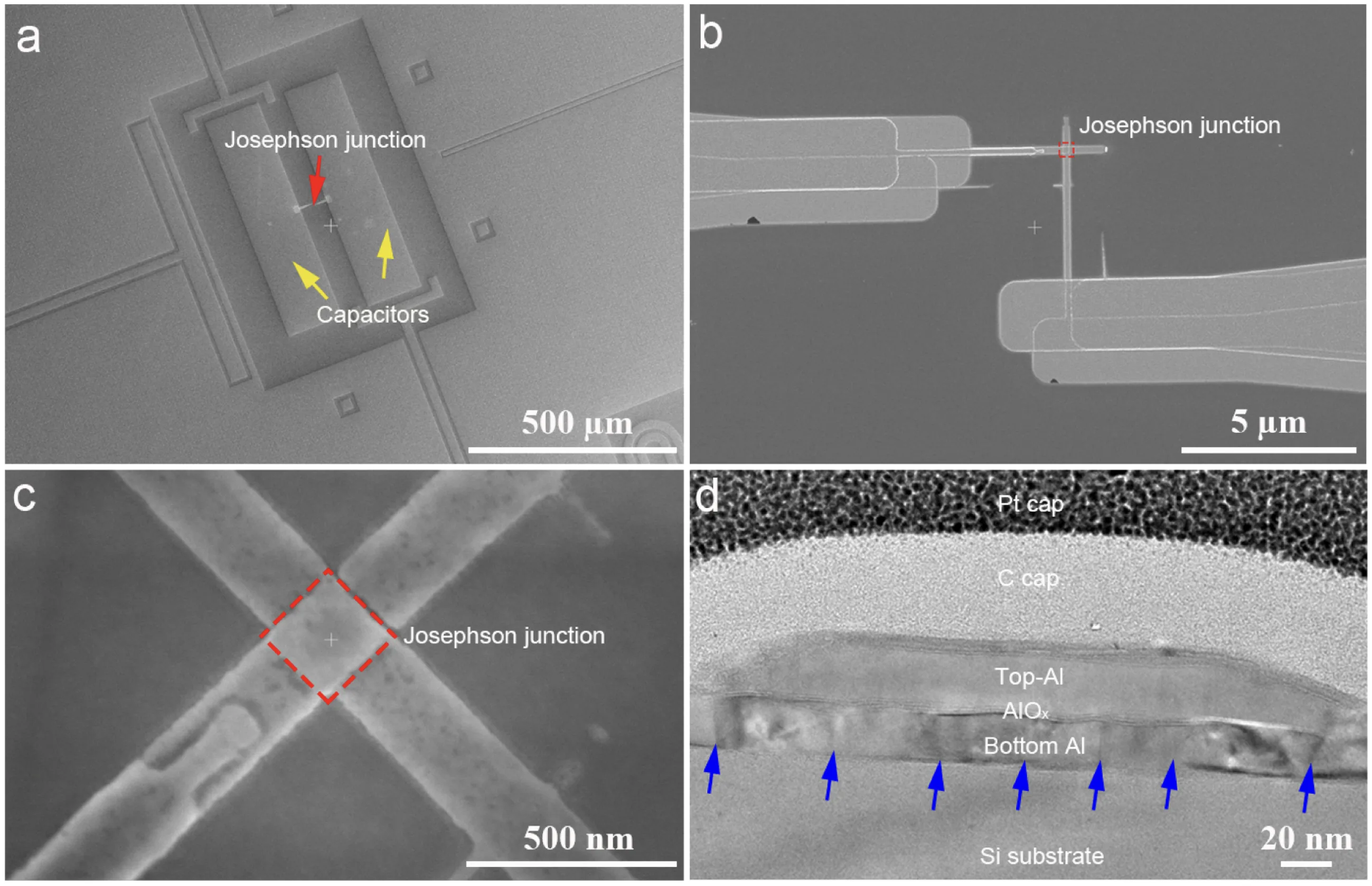 Four-panel micrograph of an Al/AlOx/Al Josephson junction: chip-level overview, junction close-up, and a cross-sectional TEM showing Pt cap, C cap, Top-Al, AlOx barrier, Bottom Al and Si substrate