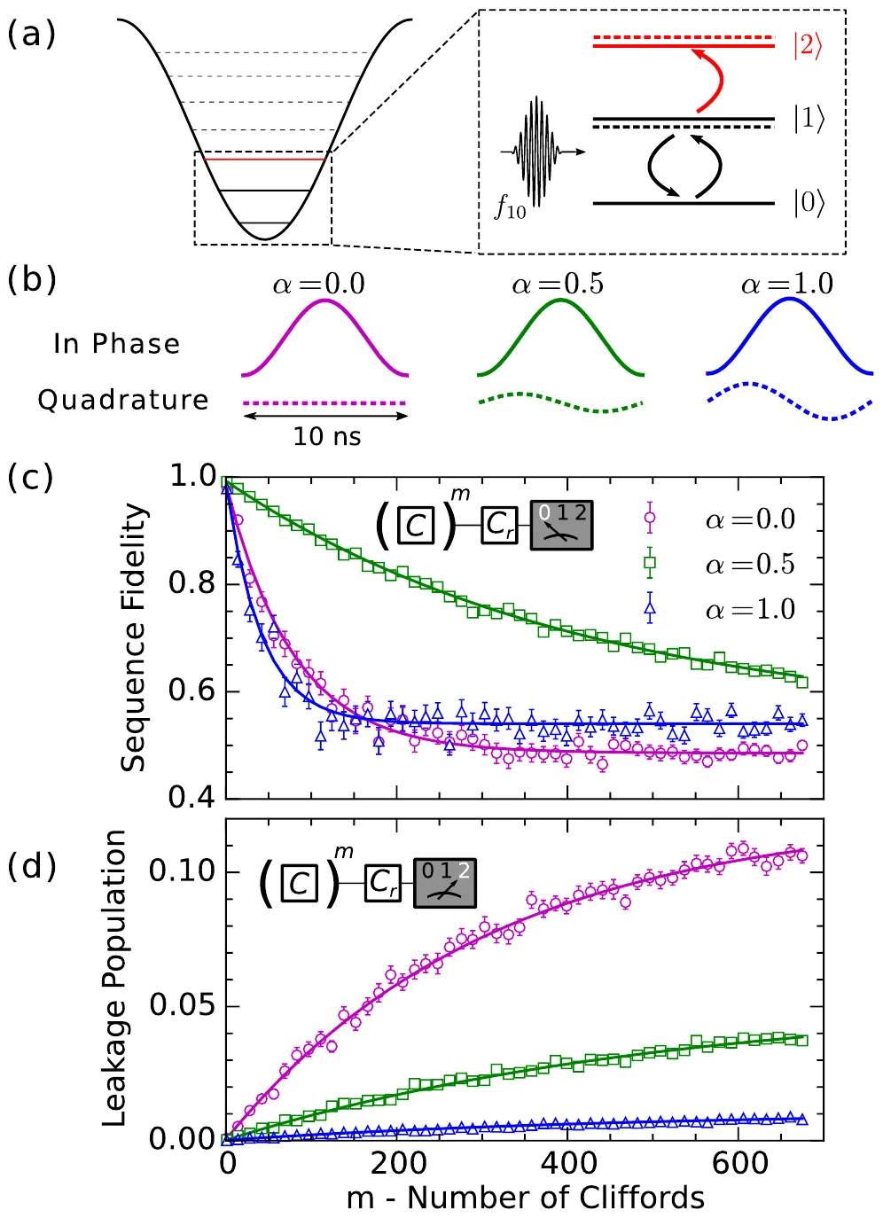 (a) Transmon potential and levels |0>, |1>, |2>: a drive at f10 also reaches |2> (leakage) and shifts the 1-2 transition; (b) in-phase and quadrature envelopes of 10 ns pulses for DRAG weights alpha = 0, 0.5 and 1.0; (c) sequence fidelity against the number of Cliffords m up to 680 for the three alphas; (d) leakage population of |2> against m