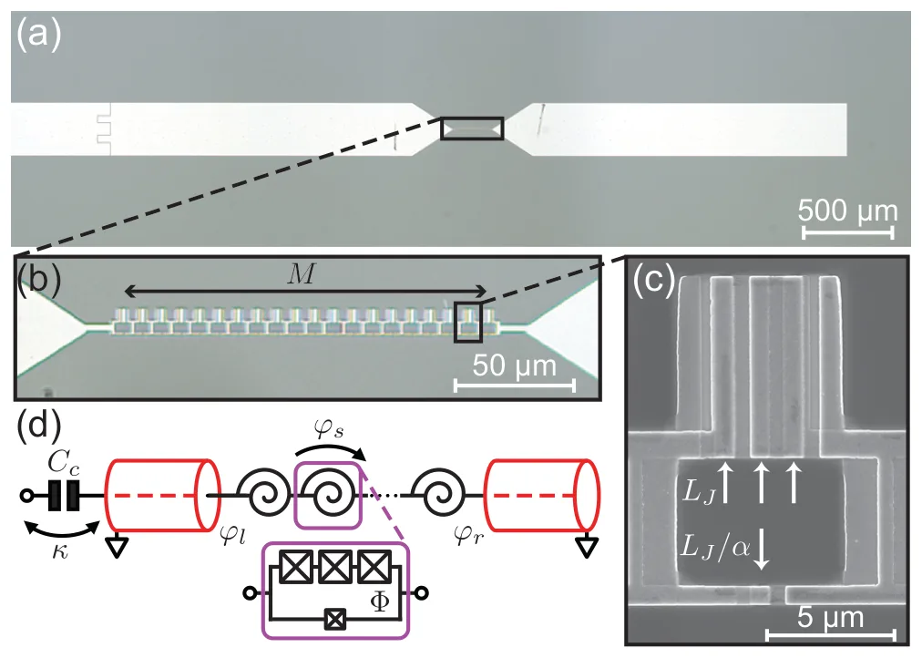 (a) optical image of the SNAIL parametric amplifier on a microstrip line; (b) array of 20 SNAILs; (c) electron micrograph of one SNAIL with three large junctions and one small junction; (d) circuit model with the SNAIL array inside a half-wave microstrip resonator coupled through C_c