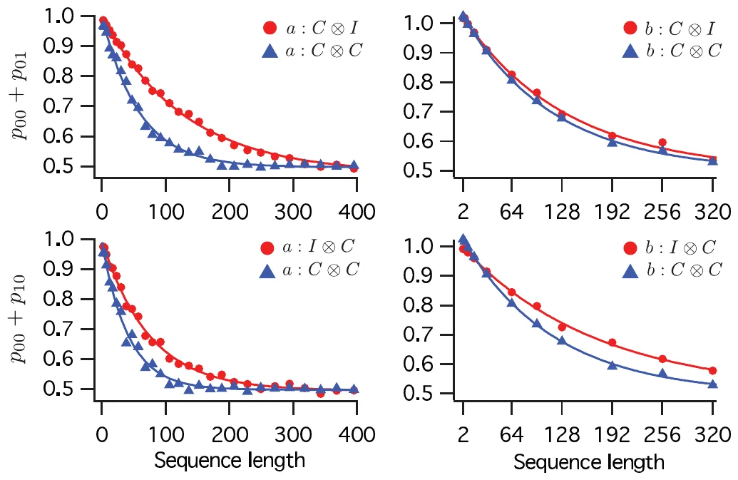 RB decays on two samples: left column sample a, right column sample b; top row p00 + p01 (qubit 1), bottom row p00 + p10 (qubit 2); red circles: individual RB (C⊗I or I⊗C), blue triangles: simultaneous RB (C⊗C); the blue curves decay much faster on sample a and almost the same on sample b