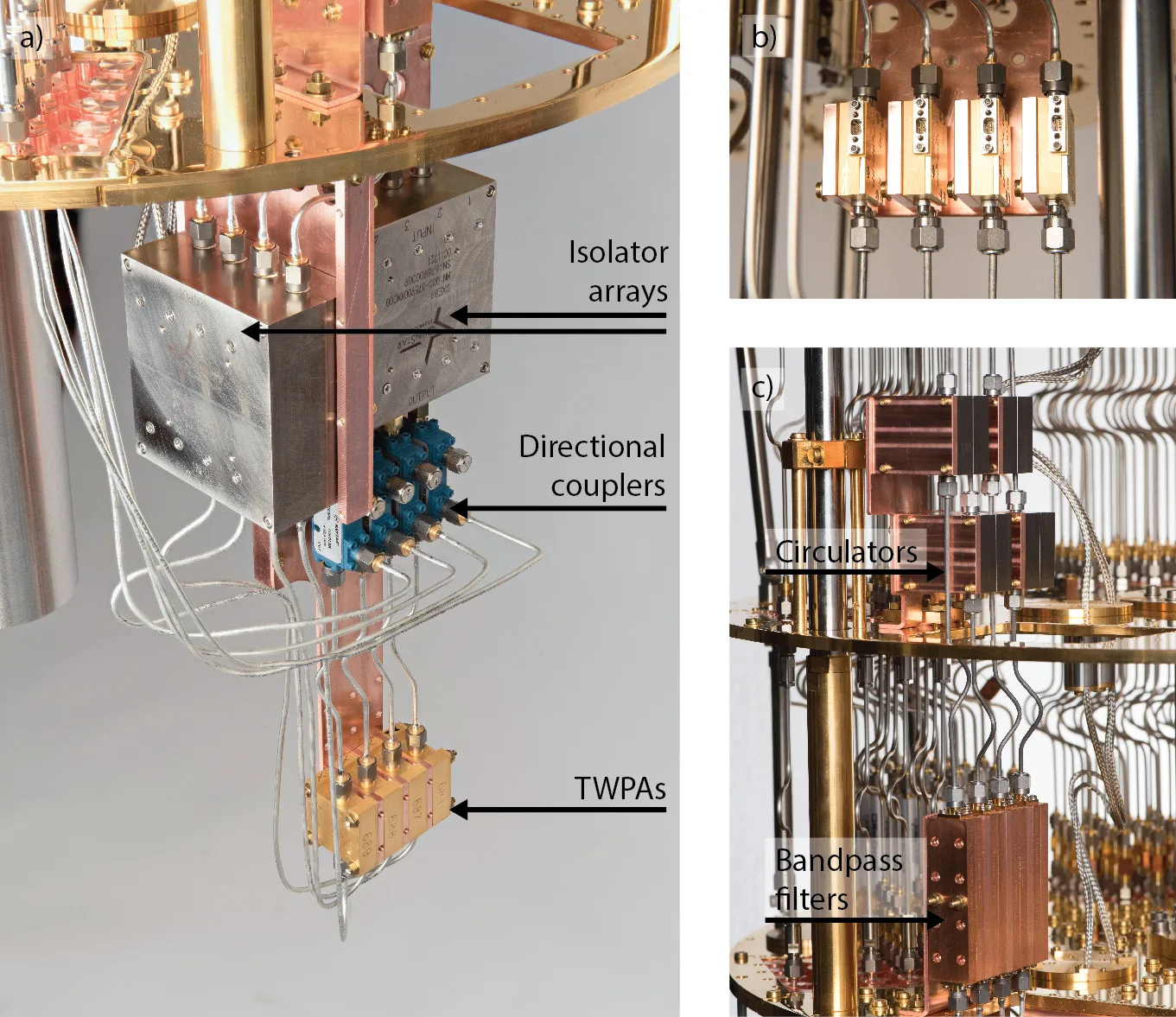 (a) Components on the mixing-chamber plate: isolator arrays, directional couplers and TWPAs; (b) four HEMT amplifiers on the 4 K plate; (c) four band-pass filters at the mixing chamber and four circulators at the cold plate