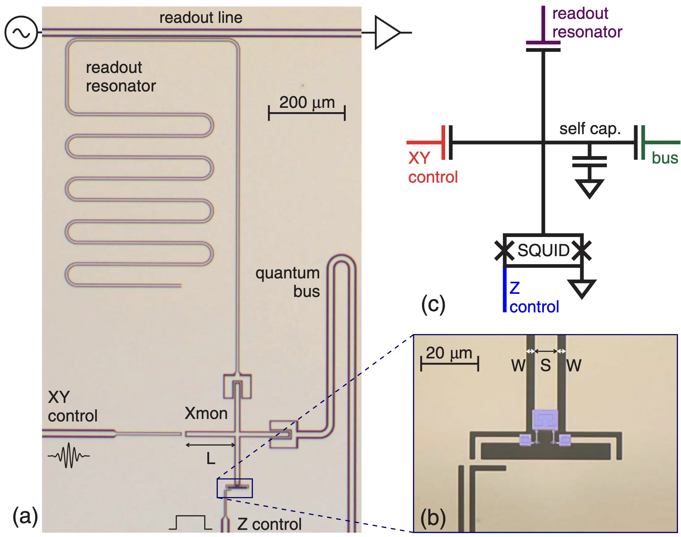 Xmon qubit micrograph with XY control, Z control, readout resonator and quantum bus connections