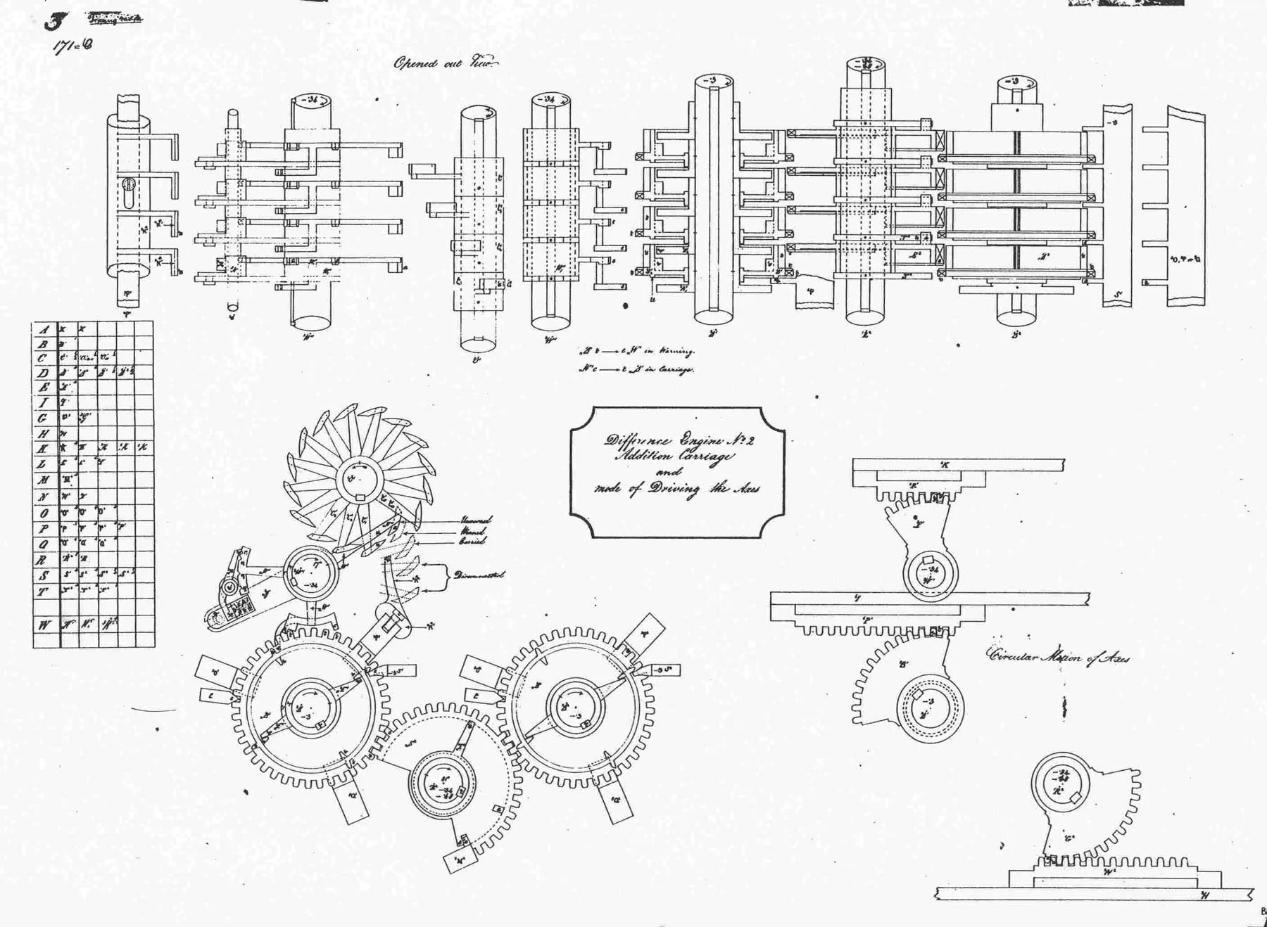 Mechanical drawings of the addition and carriage mechanisms in Difference Engine No. 2