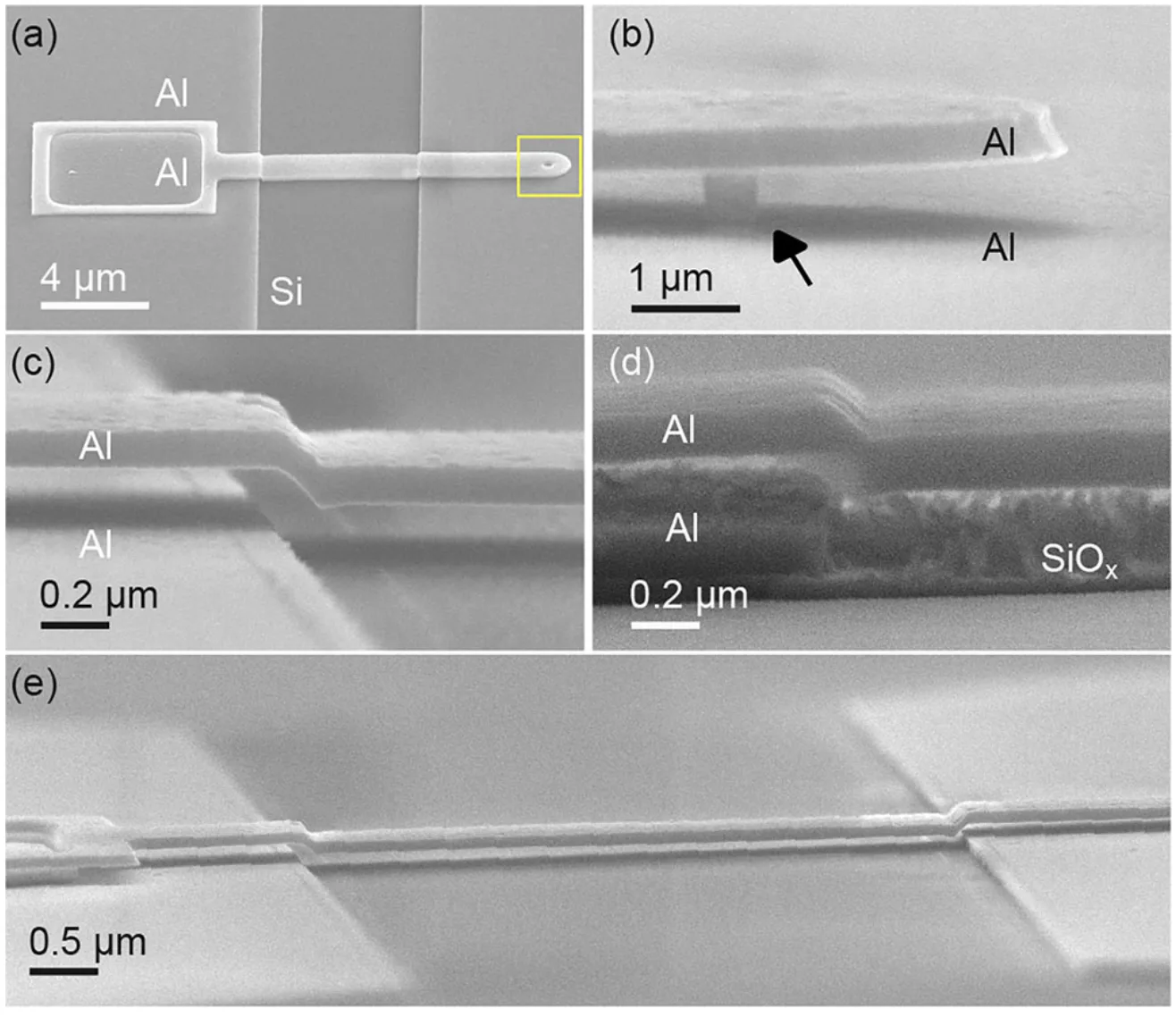 SEM views of the completed scaffold-assisted window junction and the suspended aluminum bridge