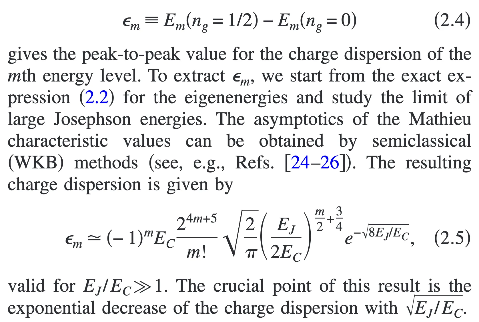 Koch et al. equations defining charge dispersion and showing its exponential suppression with the square root of EJ over EC