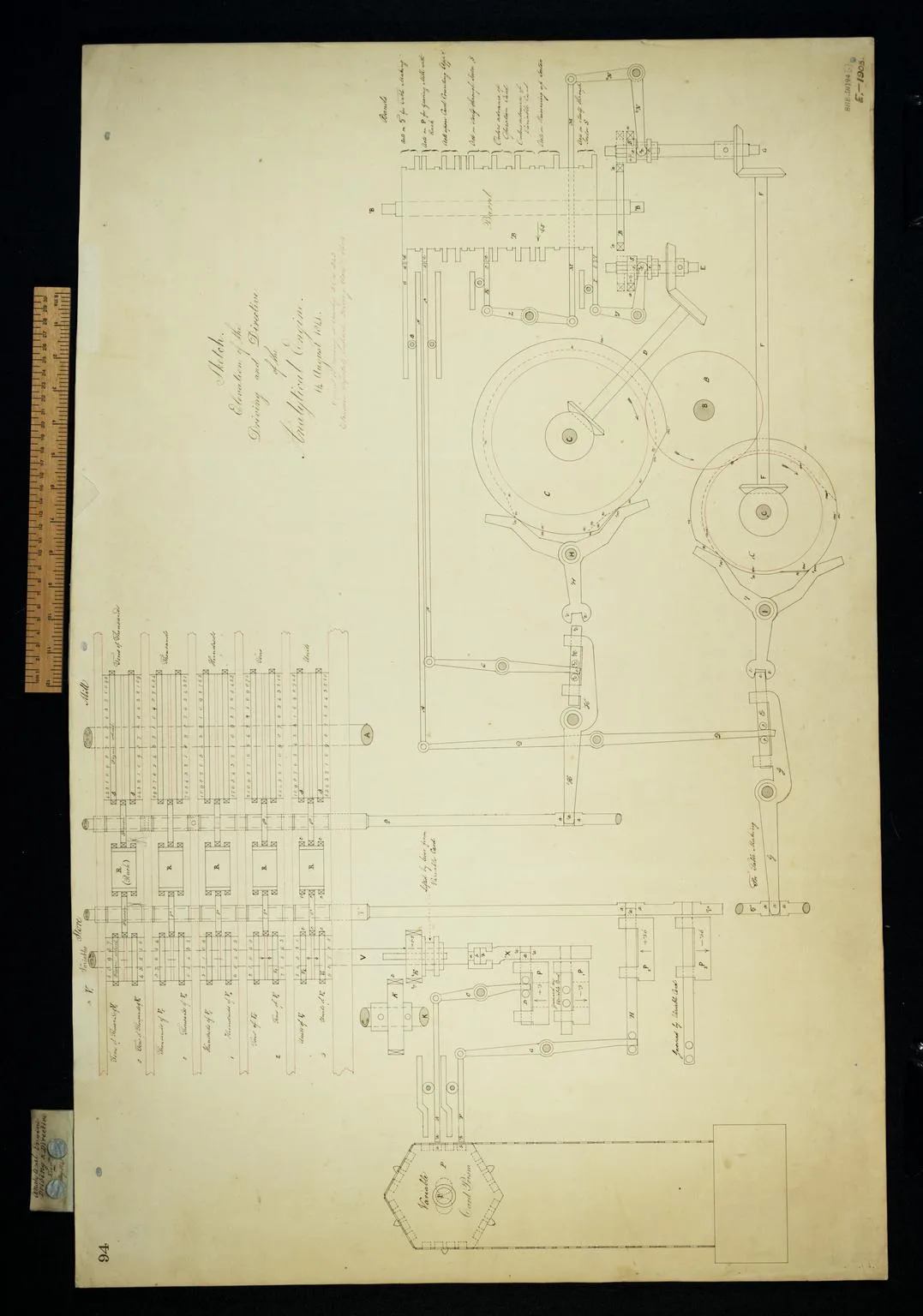 Sketch elevation of the driving and directive mechanism of the Analytical Engine, 1841