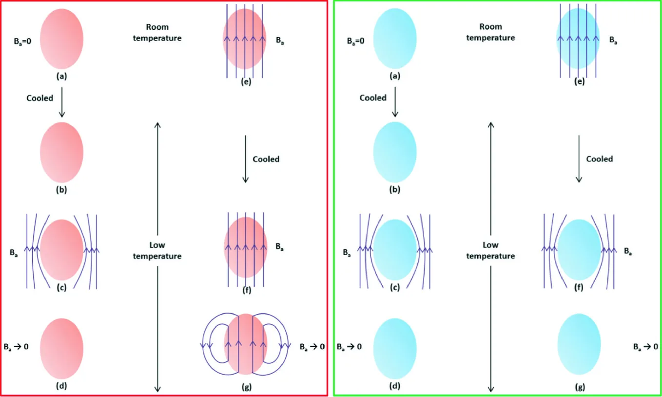 Two-panel comparison of the magnetic history of a perfect conductor and of a superconductor: cooled in zero field then magnetised, and cooled in an applied field, ending with the field removed