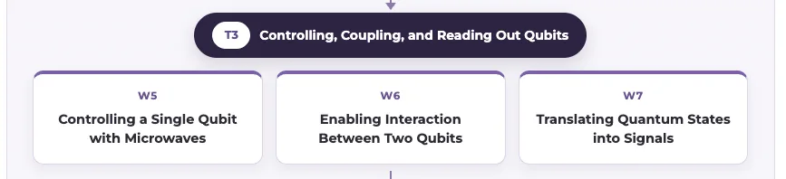 T3 roadmap: Controlling, Coupling, and Reading Out Qubits